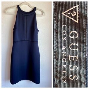 Guess Ladder Stitch Scuba Halter Neck Sleeveless Sheath Cocktail Dress in Navy 6